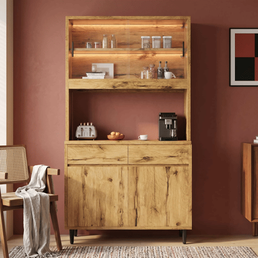 Aparador alto para sala de jantar 100 x 40 x 185 cm u2014 amplo espaço de arrumação, tomadas integradas, portas USB-C e USB-A, faixa LED multicolorida u2014 carvalho Aparador alto para sala de jantar 100 x 40 x 185 cm u2014 amplo espaço de arrumação, tomadas integradas, portas USB-C e USB-A, faixa LED multicolorida u2014 carvalho