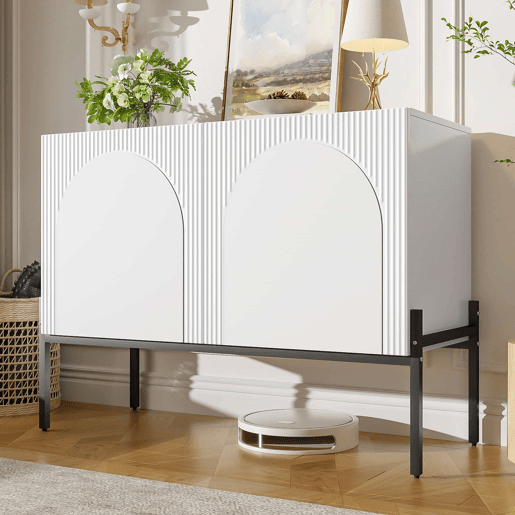 Aparador 100 x 75 x 40 cm - 2 portas, pés metálicos, design com linhas curvas, estilo moderno minimalista - Branco Aparador 100 x 75 x 40 cm - 2 portas, pés metálicos, design com linhas curvas, estilo moderno minimalista - Branco