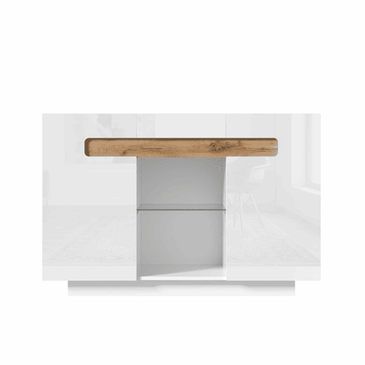 Aparador LED 120 x 40 x 80 cm u2014 com 4 prateleiras, 2 compartimentos abertos, frentes brilhantes u2014 branco e madeira natural Aparador LED 120 x 40 x 80 cm u2014 com 4 prateleiras, 2 compartimentos abertos, frentes brilhantes u2014 branco e madeira natural