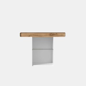 Aparador LED 120 x 40 x 80 cm u2014 com 4 prateleiras, 2 compartimentos abertos, frentes brilhantes u2014 branco e madeira natural