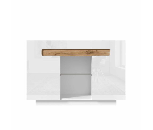 Aparador led 120x40x80 cm - con 4 estantes, 2 compartimentos abiertos, frentes brillantes - blanco y madera natural