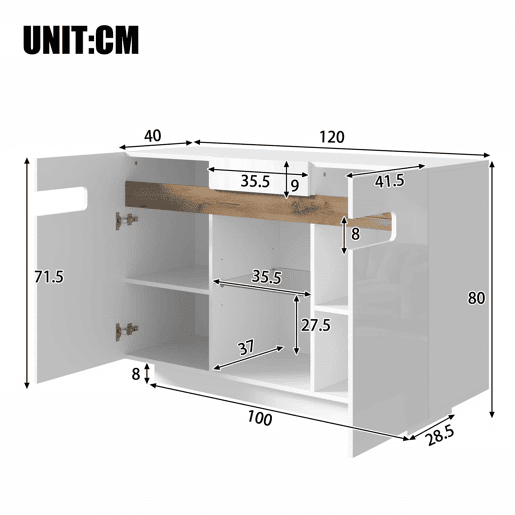 Aparador LED 120 x 40 x 80 cm u2014 com 4 prateleiras, 2 compartimentos abertos, frentes brilhantes u2014 branco e madeira natural Aparador LED 120 x 40 x 80 cm u2014 com 4 prateleiras, 2 compartimentos abertos, frentes brilhantes u2014 branco e madeira natural