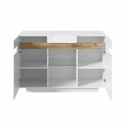 Aparador LED 120 x 40 x 80 cm u2014 com 4 prateleiras, 2 compartimentos abertos, frentes brilhantes u2014 branco e madeira natural Aparador LED 120 x 40 x 80 cm u2014 com 4 prateleiras, 2 compartimentos abertos, frentes brilhantes u2014 branco e madeira natural