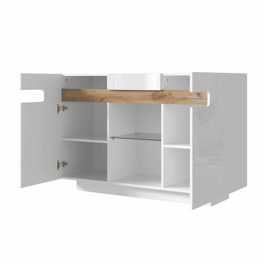 Aparador LED 120 x 40 x 80 cm u2014 com 4 prateleiras, 2 compartimentos abertos, frentes brilhantes u2014 branco e madeira natural Aparador LED 120 x 40 x 80 cm u2014 com 4 prateleiras, 2 compartimentos abertos, frentes brilhantes u2014 branco e madeira natural
