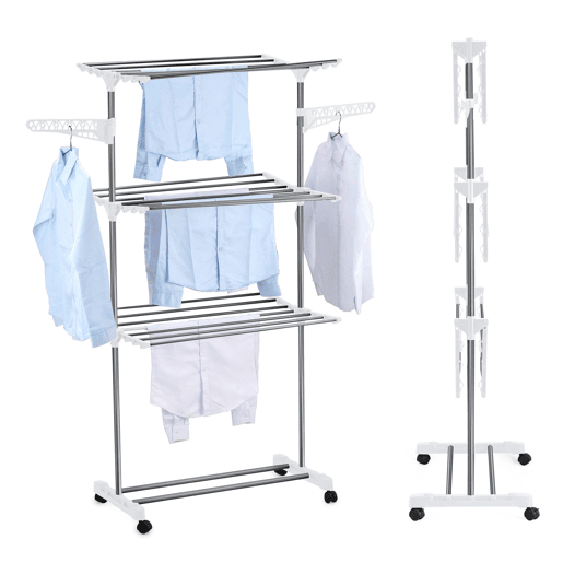 Well Home Estendal Vertical Dobrável A.165 cm de 3 Níveis com Rodas, Prateleiras Ajustáveis, 2 Abas Laterais e 2 Suportes para Cabides em Ferro e Plástico