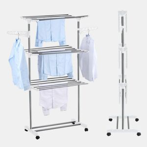 Well Home Estendal Vertical Dobrável A.165 cm de 3 Níveis com Rodas, Prateleiras Ajustáveis, 2 Abas Laterais e 2 Suportes para Cabides em Ferro e Plástico