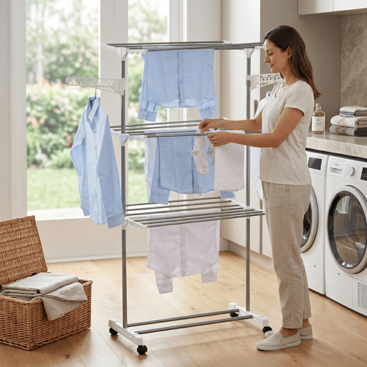 Well Home Estendal Vertical Dobrável A.165 cm de 3 Níveis com Rodas, Prateleiras Ajustáveis, 2 Abas Laterais e 2 Suportes para Cabides em Ferro e Plástico