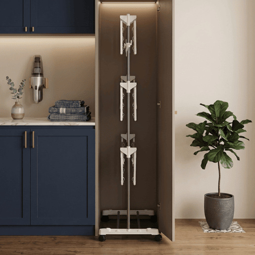 Well Home Estendal Vertical Dobrável A.165 cm de 3 Níveis com Rodas, Prateleiras Ajustáveis, 2 Abas Laterais e 2 Suportes para Cabides em Ferro e Plástico