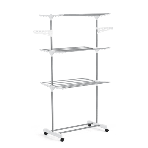 Well Home Estendal Vertical Dobrável A.165 cm de 3 Níveis com Rodas, Prateleiras Ajustáveis, 2 Abas Laterais e 2 Suportes para Cabides em Ferro e Plástico