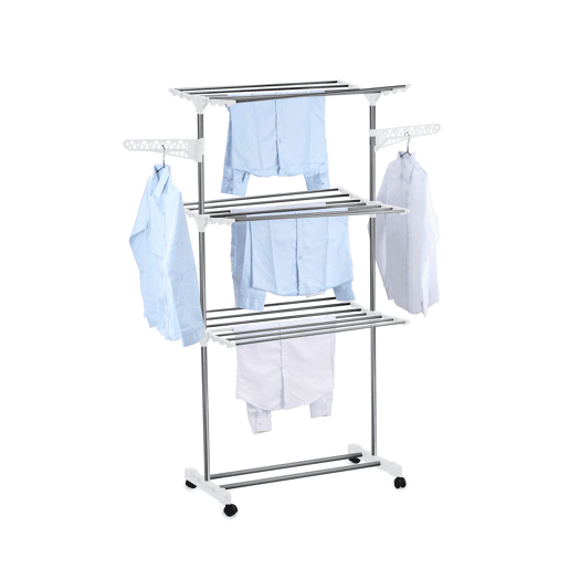 Well Home Estendal Vertical Dobrável A.165 cm de 3 Níveis com Rodas, Prateleiras Ajustáveis, 2 Abas Laterais e 2 Suportes para Cabides em Ferro e Plástico