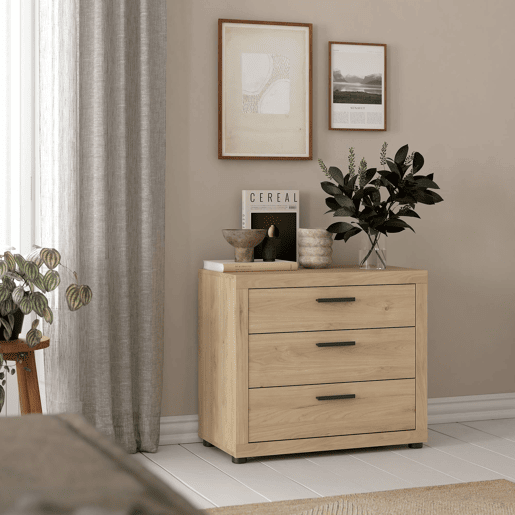 Jarama Cómoda 3 Gavetas Jackson Hickory 77x42x67 cm  Cómoda para Quarto com Design Moderno e Acabamento Carvalho