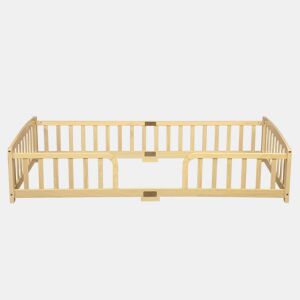 Cama Montessori 90x200 cm - com grades de segurança, entrada central, madeira de pinho - natural