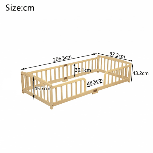 Cama Montessori 90x200 cm - com grades de segurança, entrada central, madeira de pinho - natural Cama Montessori 90x200 cm - com grades de segurança, entrada central, madeira de pinho - natural