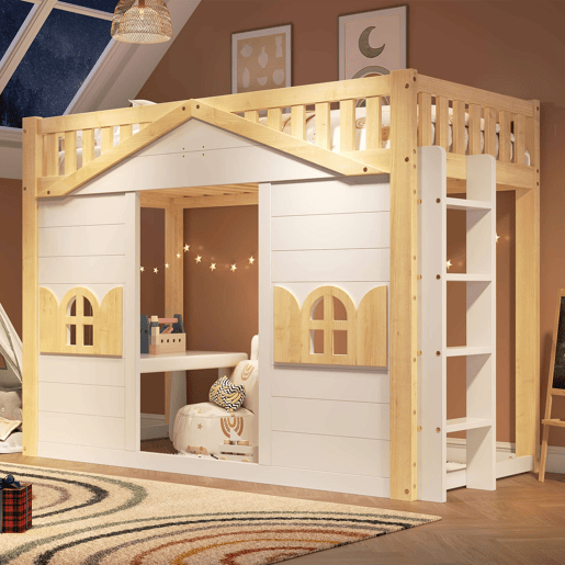 Beliche alto infantil 90x200 cm - cama em forma de casinha com janela, zona de jogos na parte inferior, estrutura em madeira - branco + natural Beliche alto infantil 90x200 cm - cama em forma de casinha com janela, zona de jogos na parte inferior, estrutura em madeira - branco + natural