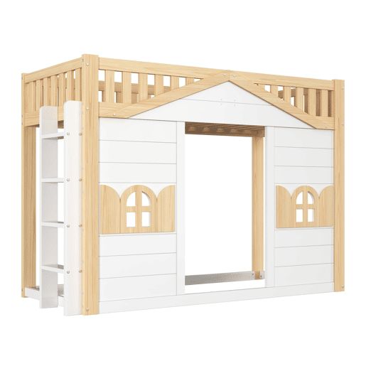Beliche alto infantil 90x200 cm - cama em forma de casinha com janela, zona de jogos na parte inferior, estrutura em madeira - branco + natural Beliche alto infantil 90x200 cm - cama em forma de casinha com janela, zona de jogos na parte inferior, estrutura em madeira - branco + natural