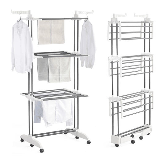 Well Home Estendal Vertical Dobrável de 3 Níveis com Rodas A.176 cm, Prateleiras Ajustáveis e 2 Suportes para Cabides com Estrutura Metálica