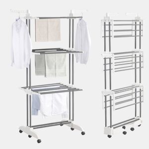 Well Home Estendal Vertical Dobrável de 3 Níveis com Rodas A.176 cm, Prateleiras Ajustáveis e 2 Suportes para Cabides com Estrutura Metálica