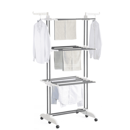 Well Home Estendal Vertical Dobrável de 3 Níveis com Rodas A.176 cm, Prateleiras Ajustáveis e 2 Suportes para Cabides com Estrutura Metálica