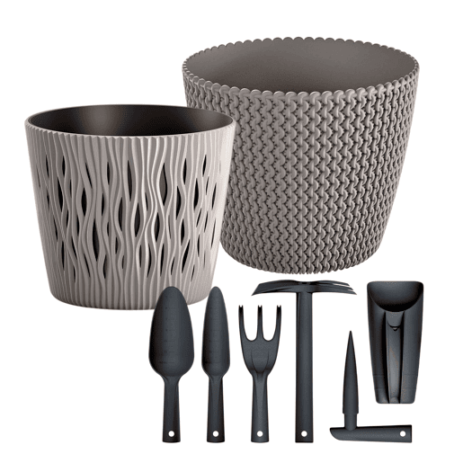 Pack Jardim u2013 2 Vasos Redondos (5 L + 3 L) + Conjunto de 6 Ferramentas de Mão Prosperplast - Kit de Jardinagem Completo
