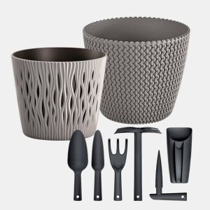 Pack Jardim u2013 2 Vasos Redondos (5 L + 3 L) + Conjunto de 6 Ferramentas de Mão Prosperplast - Kit de Jardinagem Completo