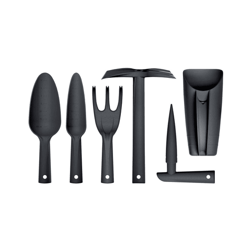 Pack Jardim u2013 2 Vasos Redondos (5 L + 3 L) + Conjunto de 6 Ferramentas de Mão Prosperplast - Kit de Jardinagem Completo