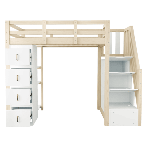 Cama alta 90 x 200 cm - com gavetas de arrumação, estante com vários prateleiros, escada segura, cama multifuncional em madeira maciça - cor de madeira natural