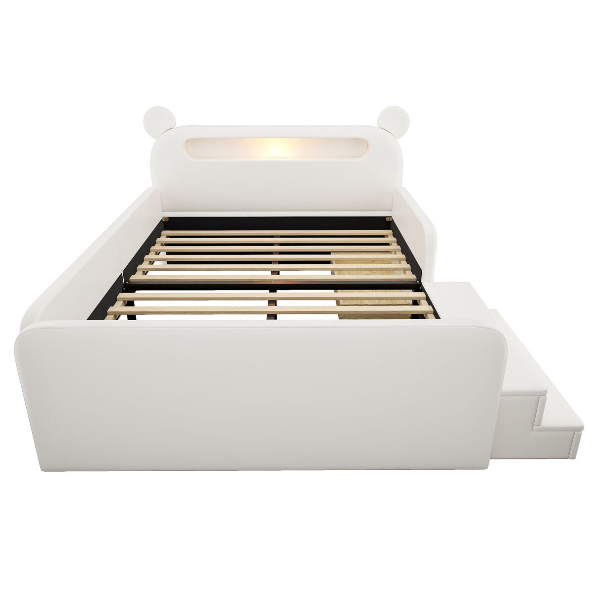 Cama infantil tapizada 140x200 - cabecero con oso, luz nocturna, puerto usb, almacenamiento integrado y asiento escalonado - blanco
