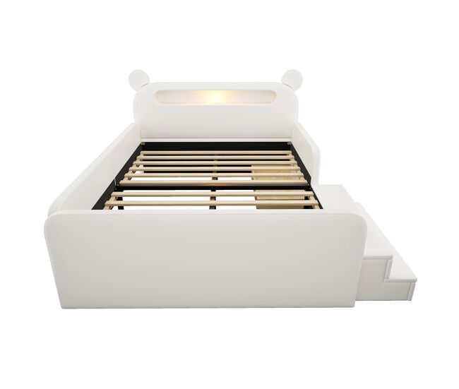 Cama infantil tapizada 140x200 - cabecero con oso, luz nocturna, puerto usb, almacenamiento integrado y asiento escalonado - blanco