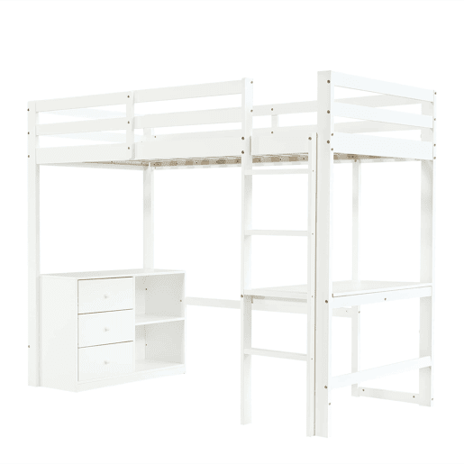 Cama alta infantil 90x200 cm - Com secretária, gaveteiro e estante, escada de 4 degraus - Branco Cama alta infantil 90x200 cm - Com secretária, gaveteiro e estante, escada de 4 degraus - Branco