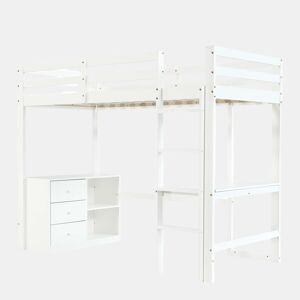 Cama alta infantil 90x200 cm - Com secretária, gaveteiro e estante, escada de 4 degraus - Branco