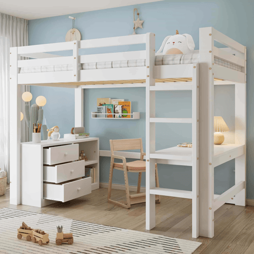 Cama alta infantil 90x200 cm - Com secretária, gaveteiro e estante, escada de 4 degraus - Branco Cama alta infantil 90x200 cm - Com secretária, gaveteiro e estante, escada de 4 degraus - Branco