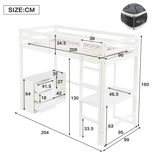 Cama alta infantil 90x200 cm - Com secretária, gaveteiro e estante, escada de 4 degraus - Branco Cama alta infantil 90x200 cm - Com secretária, gaveteiro e estante, escada de 4 degraus - Branco