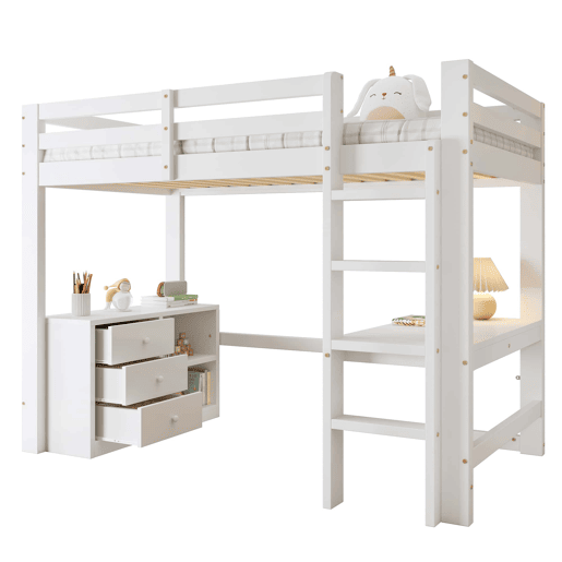 Cama alta infantil 90x200 cm - Com secretária, gaveteiro e estante, escada de 4 degraus - Branco Cama alta infantil 90x200 cm - Com secretária, gaveteiro e estante, escada de 4 degraus - Branco