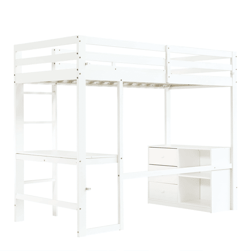 Cama alta infantil 90x200 cm - Com secretária, gaveteiro e estante, escada de 4 degraus - Branco Cama alta infantil 90x200 cm - Com secretária, gaveteiro e estante, escada de 4 degraus - Branco