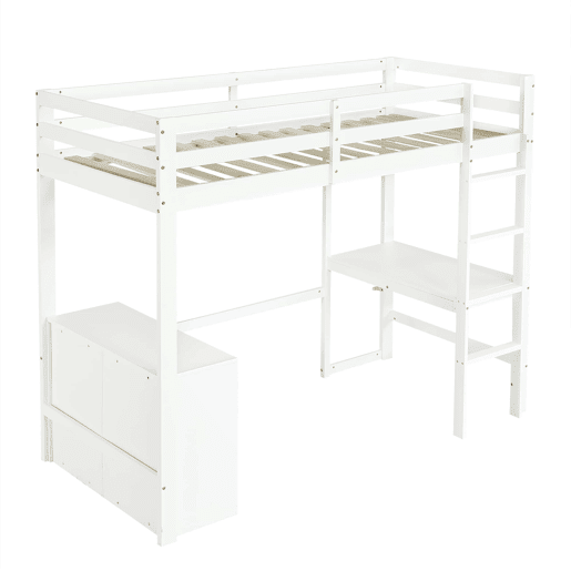 Cama alta infantil 90x200 cm - Com secretária, gaveteiro e estante, escada de 4 degraus - Branco Cama alta infantil 90x200 cm - Com secretária, gaveteiro e estante, escada de 4 degraus - Branco