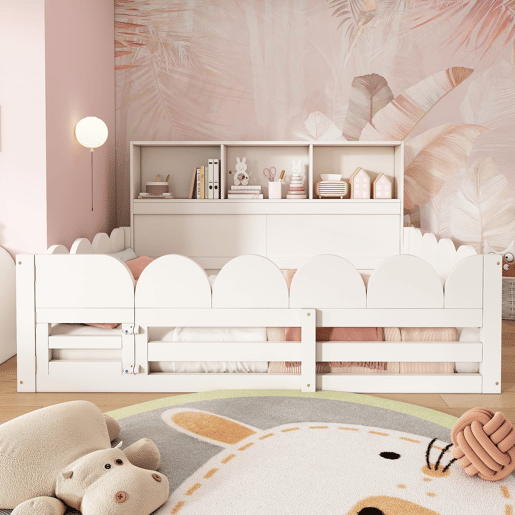 Cama infantil 140x190 - com grades e porta, com prateleira, área de brincar segura - Branco Cama infantil 140x190 - com grades e porta, com prateleira, área de brincar segura - Branco