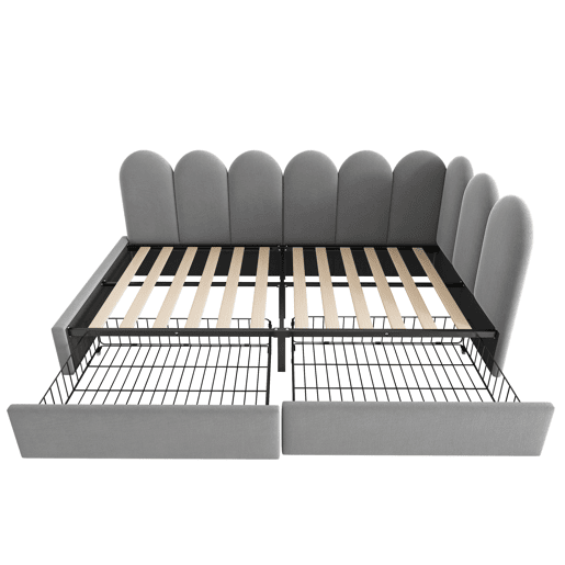 Cama individual estofada 90x190 - com gavetas e estrado, tipo sofá-cama - cinzento Cama individual estofada 90x190 - com gavetas e estrado, tipo sofá-cama - cinzento