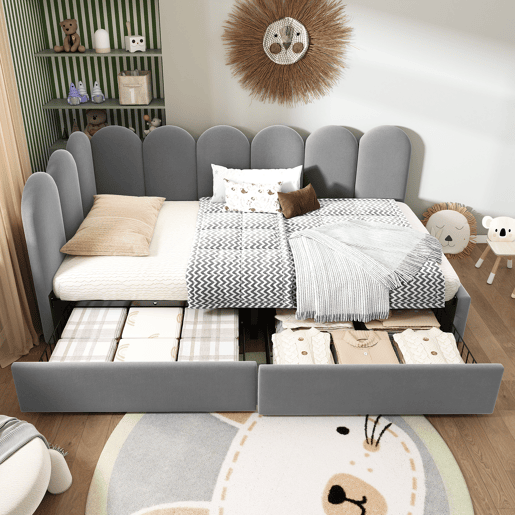 Cama individual estofada 90x190 - com gavetas e estrado, tipo sofá-cama - cinzento Cama individual estofada 90x190 - com gavetas e estrado, tipo sofá-cama - cinzento