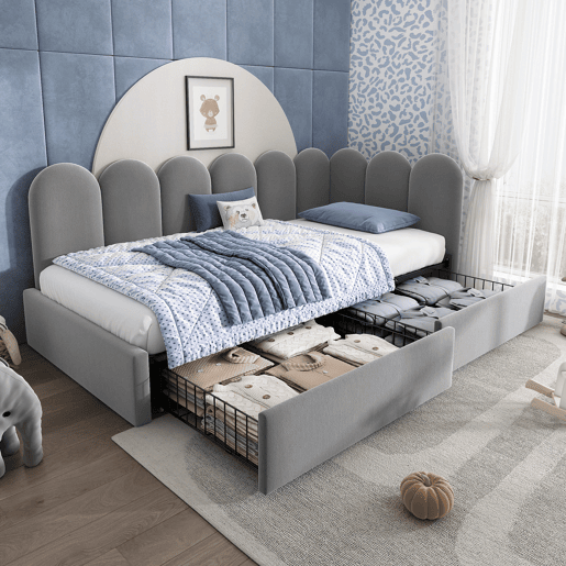 Cama individual estofada 90x190 - com gavetas e estrado, tipo sofá-cama - cinzento Cama individual estofada 90x190 - com gavetas e estrado, tipo sofá-cama - cinzento