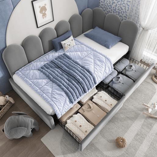 Cama individual estofada 90x190 - com gavetas e estrado, tipo sofá-cama - cinzento Cama individual estofada 90x190 - com gavetas e estrado, tipo sofá-cama - cinzento