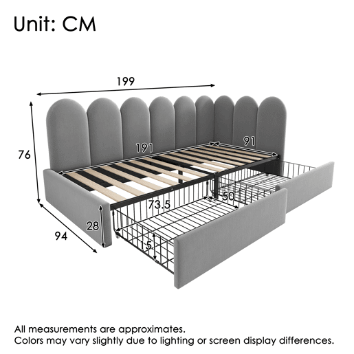 Cama individual estofada 90x190 - com gavetas e estrado, tipo sofá-cama - cinzento Cama individual estofada 90x190 - com gavetas e estrado, tipo sofá-cama - cinzento