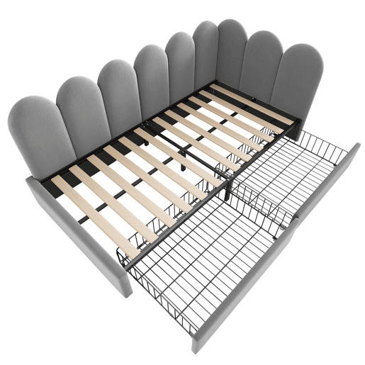 Cama individual estofada 90x190 - com gavetas e estrado, tipo sofá-cama - cinzento Cama individual estofada 90x190 - com gavetas e estrado, tipo sofá-cama - cinzento
