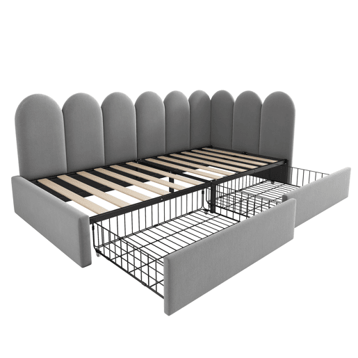 Cama individual estofada 90x190 - com gavetas e estrado, tipo sofá-cama - cinzento Cama individual estofada 90x190 - com gavetas e estrado, tipo sofá-cama - cinzento