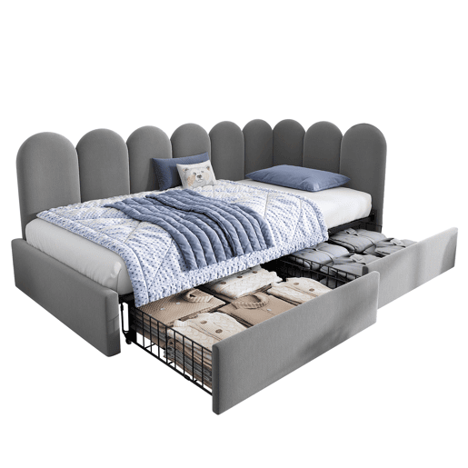 Cama individual estofada 90x190 - com gavetas e estrado, tipo sofá-cama - cinzento Cama individual estofada 90x190 - com gavetas e estrado, tipo sofá-cama - cinzento
