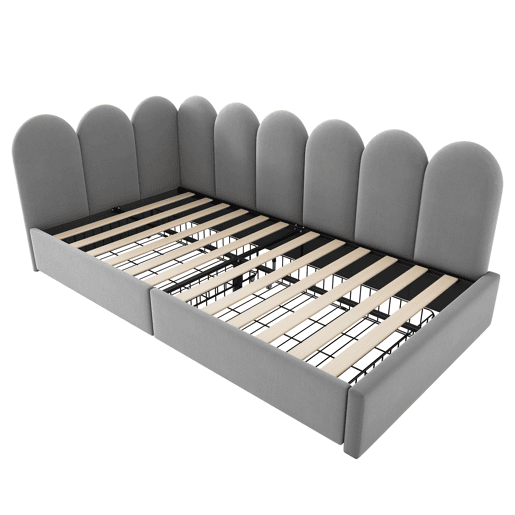 Cama individual estofada 90x190 - com gavetas e estrado, tipo sofá-cama - cinzento Cama individual estofada 90x190 - com gavetas e estrado, tipo sofá-cama - cinzento