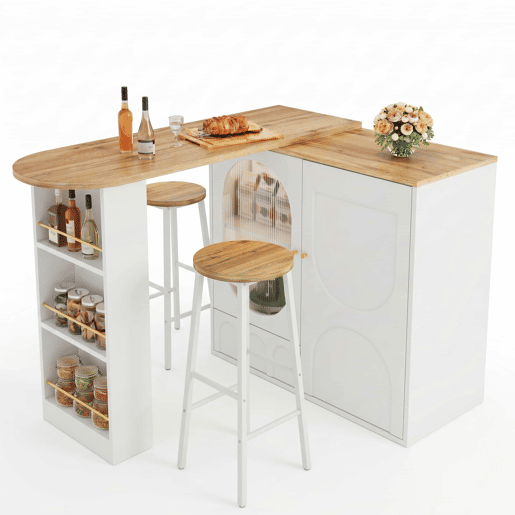 Conjunto de bar - ilha de cozinha com arrumação e 2 bancos altos, portas de vidro e prateleiras ajustáveis - branco Conjunto de bar - ilha de cozinha com arrumação e 2 bancos altos, portas de vidro e prateleiras ajustáveis - branco
