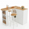 Conjunto de bar - ilha de cozinha com arrumação e 2 bancos altos, portas de vidro e prateleiras ajustáveis - branco