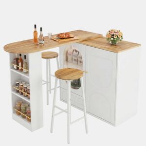 Conjunto de bar - ilha de cozinha com arrumação e 2 bancos altos, portas de vidro e prateleiras ajustáveis - branco