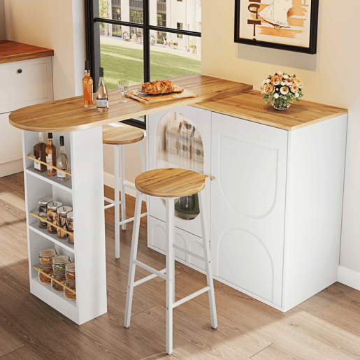 Conjunto de bar - ilha de cozinha com arrumação e 2 bancos altos, portas de vidro e prateleiras ajustáveis - branco Conjunto de bar - ilha de cozinha com arrumação e 2 bancos altos, portas de vidro e prateleiras ajustáveis - branco