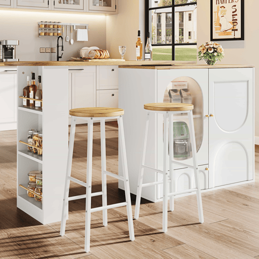 Conjunto de bar - ilha de cozinha com arrumação e 2 bancos altos, portas de vidro e prateleiras ajustáveis - branco Conjunto de bar - ilha de cozinha com arrumação e 2 bancos altos, portas de vidro e prateleiras ajustáveis - branco